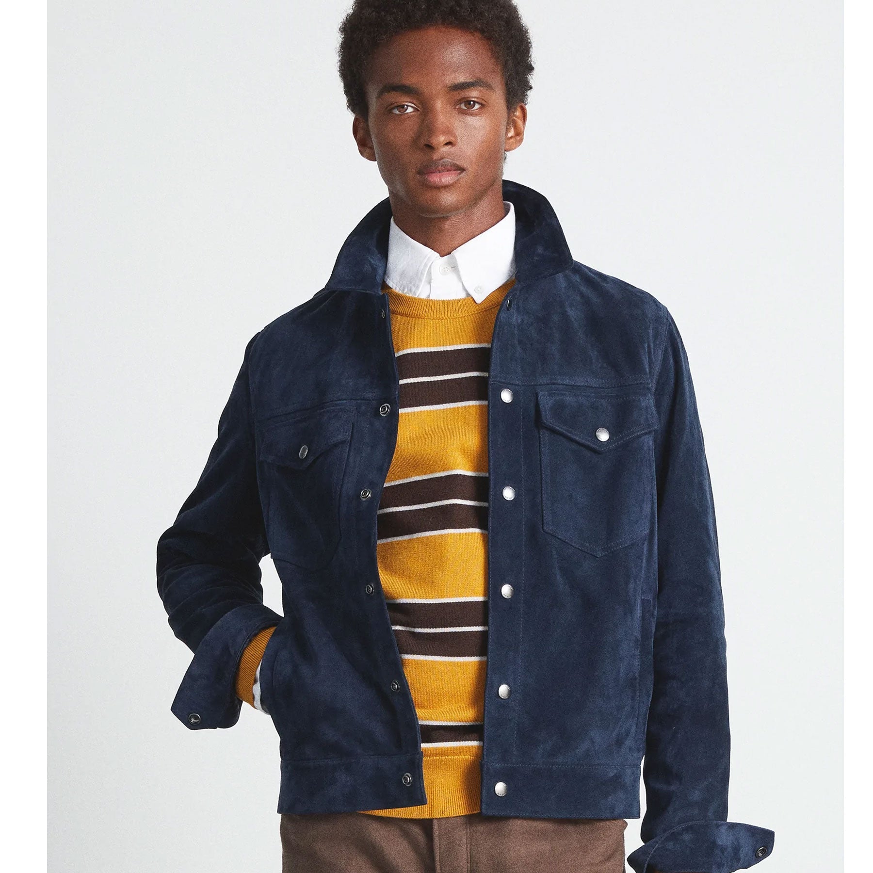 Men’s "Cobalt Maverick" Hybrid Jacket | Deep Blue Premium Goat Suede | Biker-Trucker Fusion | Full Grain Apparel