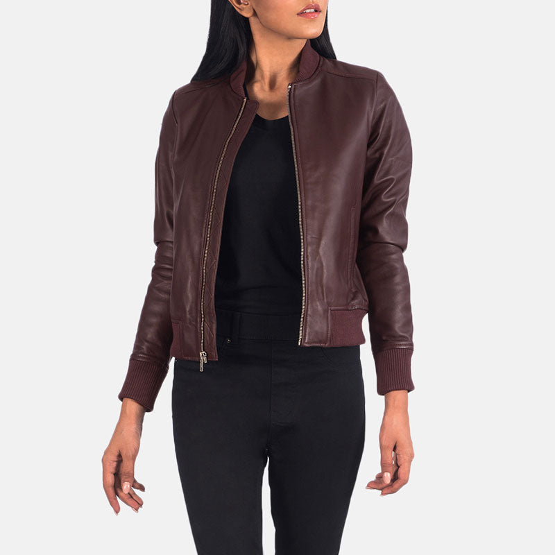 Women’s Bliss Maroon Leather Bomber Jacket - The Radiant Comfort Edition | Full Grain Apparel