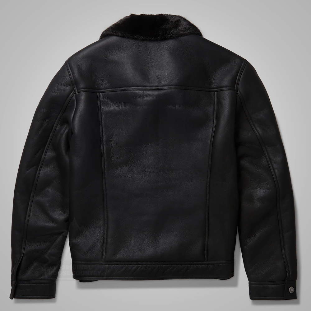 Men’s "Midnight-Interceptor" B3 Trucker | Black Premium Real Sheepskin | Shearling-Lined Hybrid Flying Jacket | Full Grain Apparel