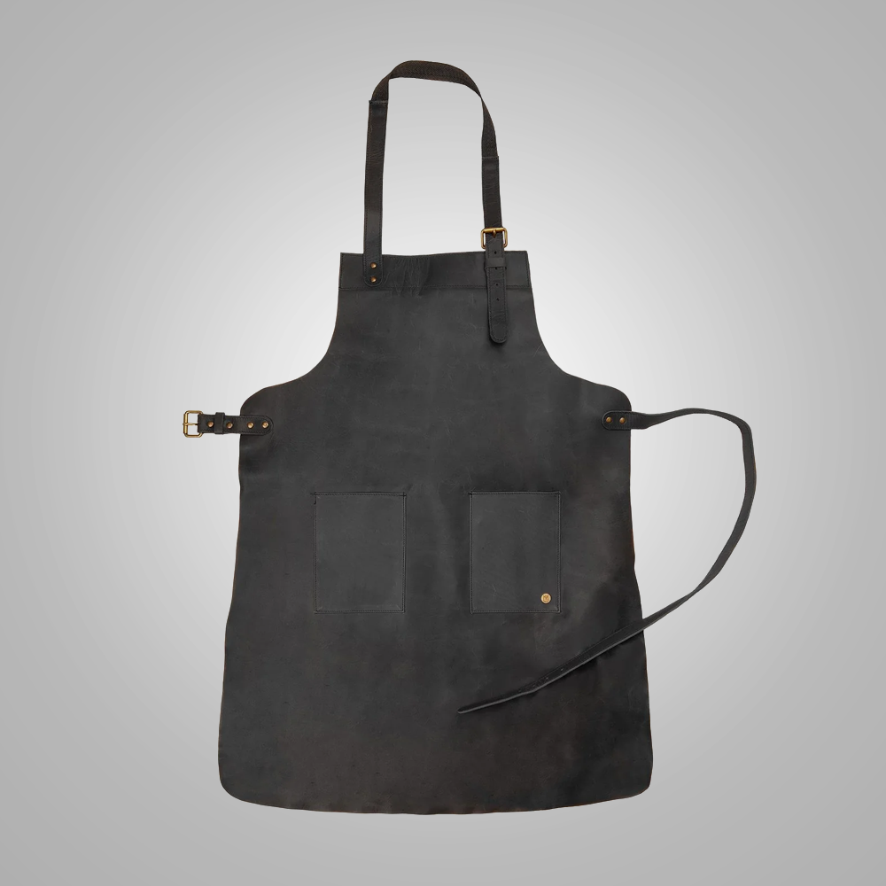 Men’s "Shadow-Artisan" Duo-Pocket Apron | Black Handmade Sheepskin | Professional Lightweight Leather Utility Apron | Full Grain Apparel