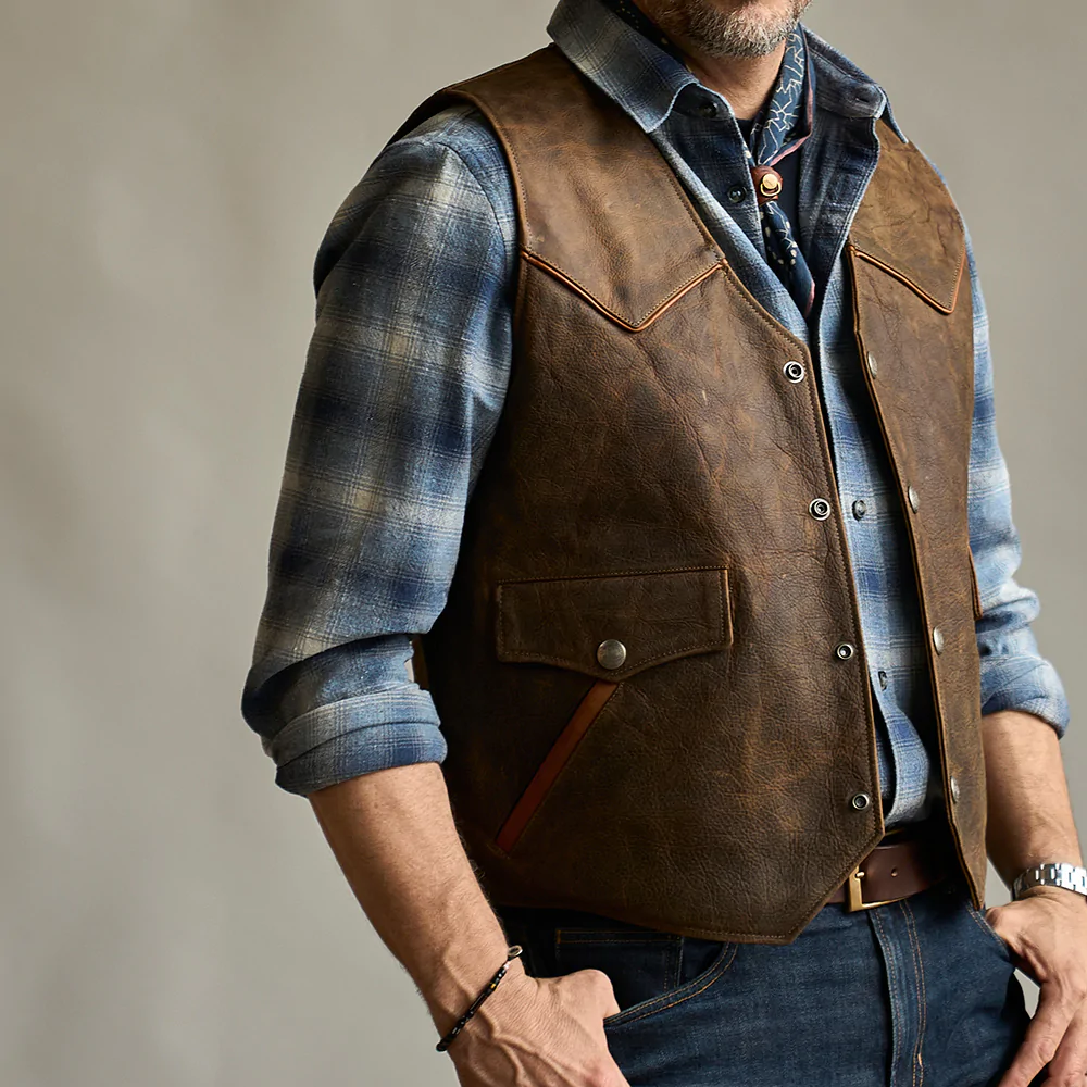 Men’s "Iron-Horse" Renegade Vest | Premium Brown Grain Leather | Western-Biker Hybrid Waistcoat | Full Grain Apparel