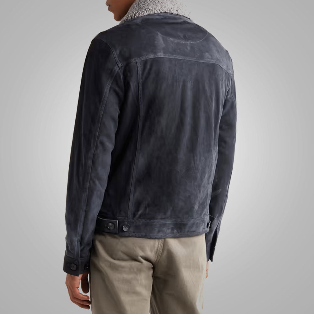 Cazadora para hombre "Nordic Navy" de ante | Ante de cabra azul marino de primera calidad | Chaqueta de piel auténtica con cuello de piel extraíble | Prenda de grano completo