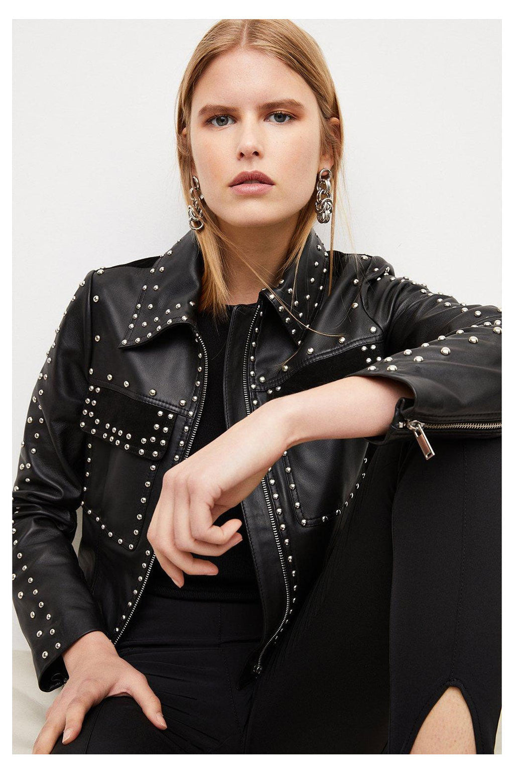 Women’s "Titanium Noir" Biker | Premium Black Lambskin | Hand-Set Silver Spikes & Pyramid Studded Armor | Full Grain Apparel