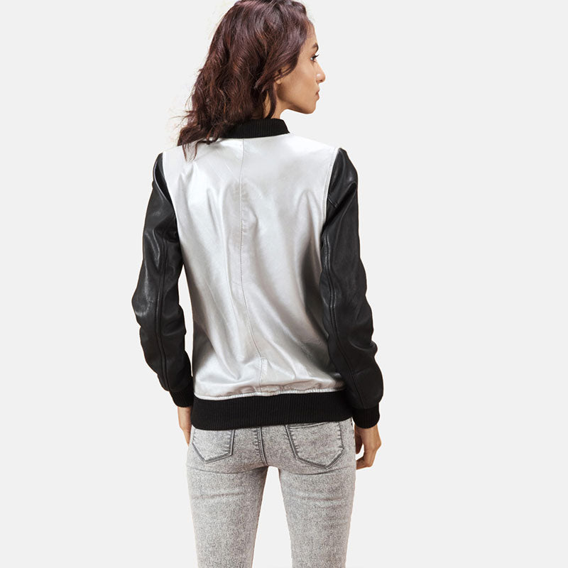 Women’s Cole Silver Leather Bomber Jacket - The Metallic Statement | Full Grain Apparel