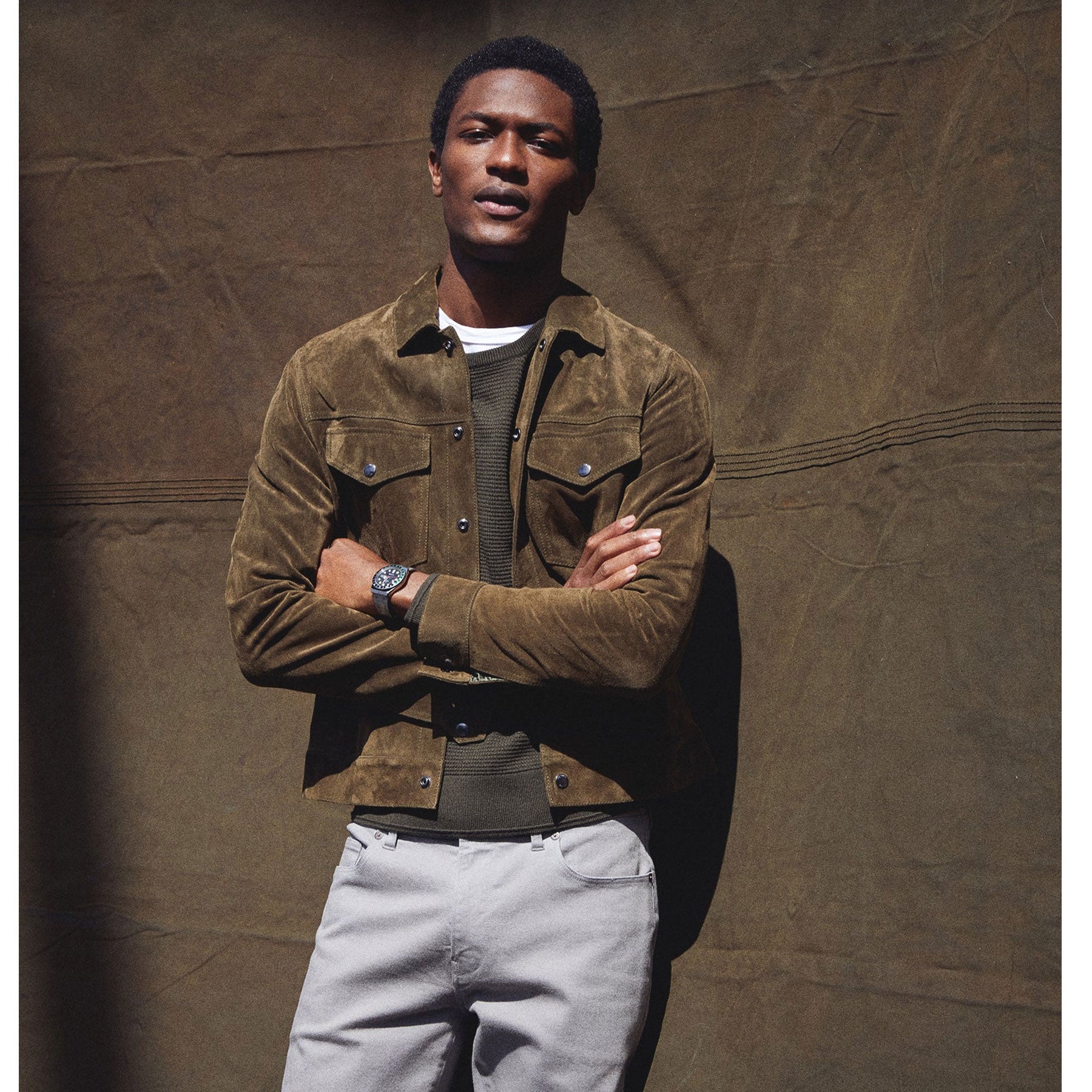 Men’s "Everglade" Suede Leather Shirt Jacket | Olive Green Premium Goat Suede | Jeans-Style Trucker | Full Grain Apparel