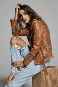 Women’s "Rebel Soul" Moto Jacket | Premium Espresso Leather | Hand-Set Silver Spikes & Studs | Full Grain Apparel