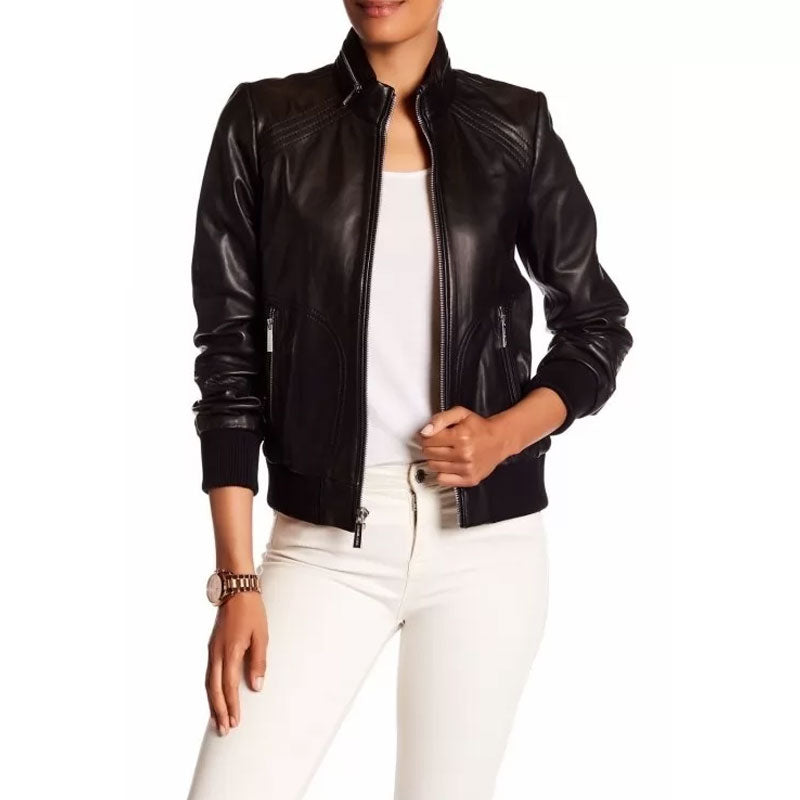 Women’s Genuine Lambskin Black Leather Bomber Jacket - The Luxe Daily Driver | Full Grain Apparel