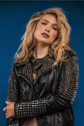 Women’s "Gothic Titan" Punk Jacket | Premium Obsidian Lambskin | Extreme Silver Long-Spike & Studded Biker | Full Grain Apparel