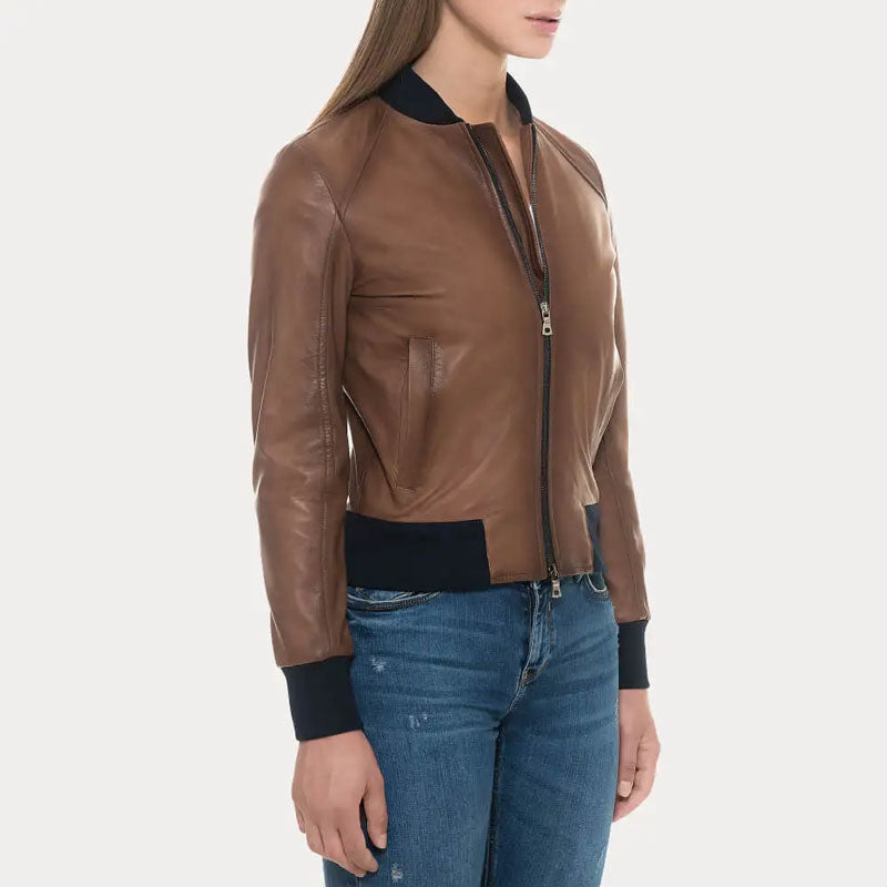 Women’s Sugar Brown Lambskin Soft Leather Bomber Jacket - The Sweet Suede Edition | Full Grain Apparel