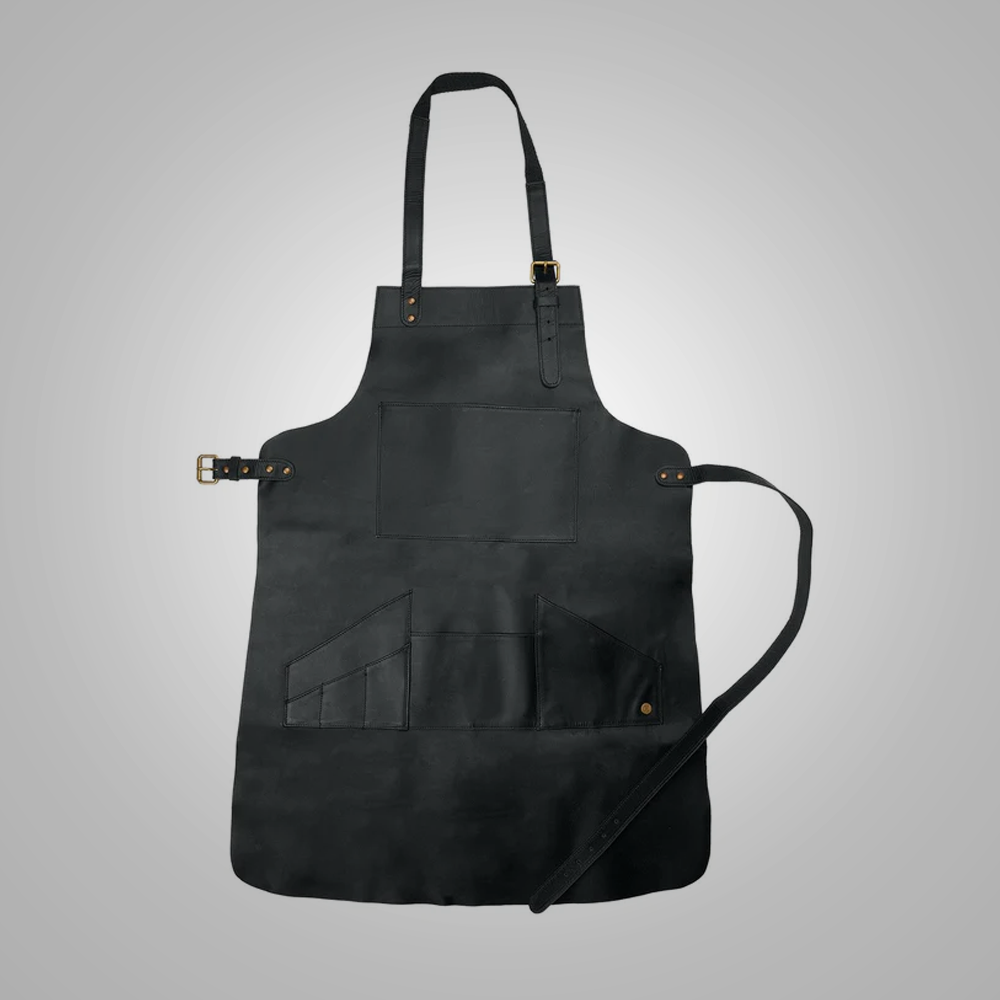 Delantal multi-bolsillos para hombre "Titan-Stealth" | Cuero negro prémium hecho a mano | Delantal de taller utilitario de calidad profesional | Prenda de cuero de plena flor