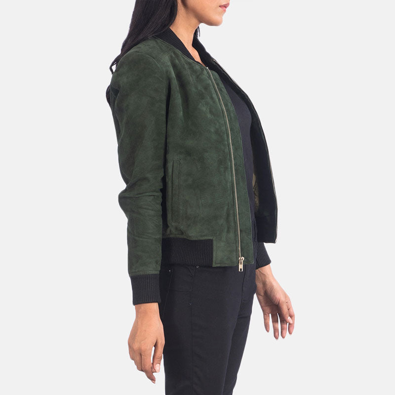 Women’s Bliss Green Suede Bomber Jacket - The Velvet Forest Edition | Full Grain Apparel