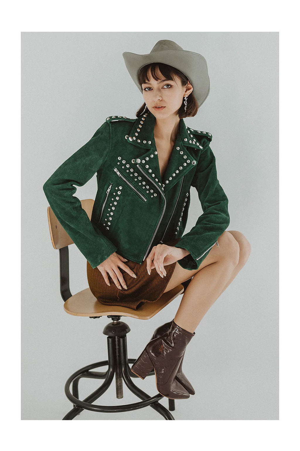 Women’s "Emerald Anarchy" Moto Jacket | Premium Forest Green Lambskin | Hand-Set Silver Spikes & Studs | Full Grain Apparel