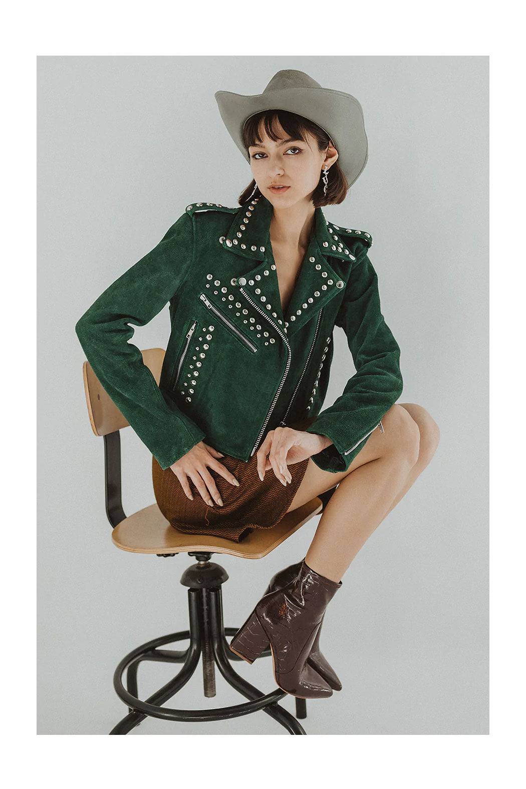 Women’s "Emerald Anarchy" Moto Jacket | Premium Forest Green Lambskin | Hand-Set Silver Spikes & Studs | Full Grain Apparel