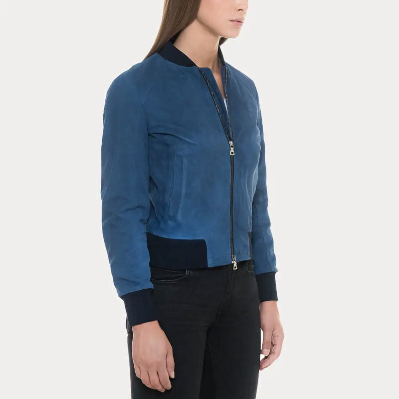 Women’s Blue Suede Bomber Jacket - The Midnight Cobalt Edition | Full Grain Apparel