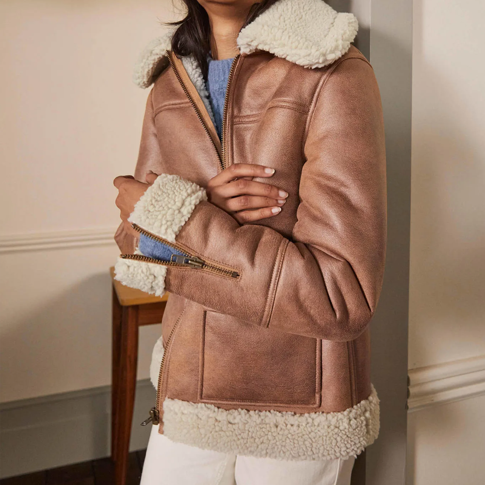 Women’s "Nordic Horizon" Aviator | Premium Brown Sheepskin | Genuine Shearling Biker Jacket | Full Grain Apparel