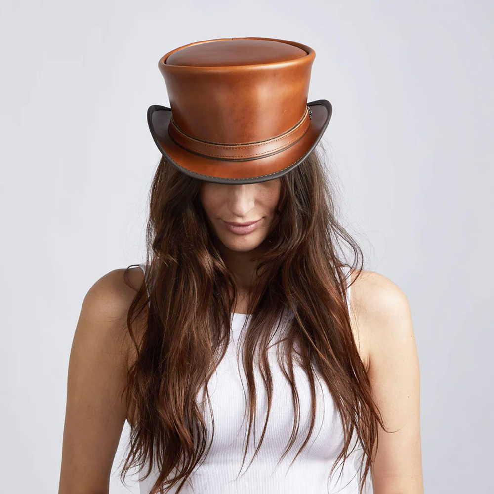 New Western Cowboy Lambskin Leather Hat Shine Brown For Women