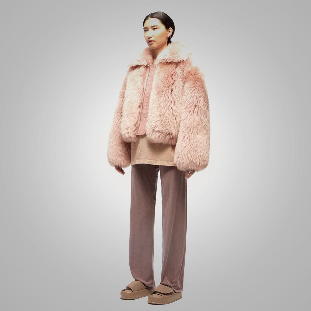 Women’s "Rose Quartz" Luxe Moto | Premium Pink Sheepskin | Genuine Short Leather Jacket with Fox Fur Collar | Full Grain Apparel