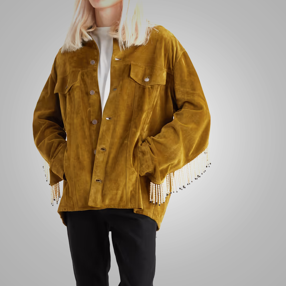 Chaqueta vaquera de estilo wéstern para hombre "Canyon-Drifter" | Ante cepillado marrón | Con flecos cortados a mano y adornos | Prenda de piel plena flor
