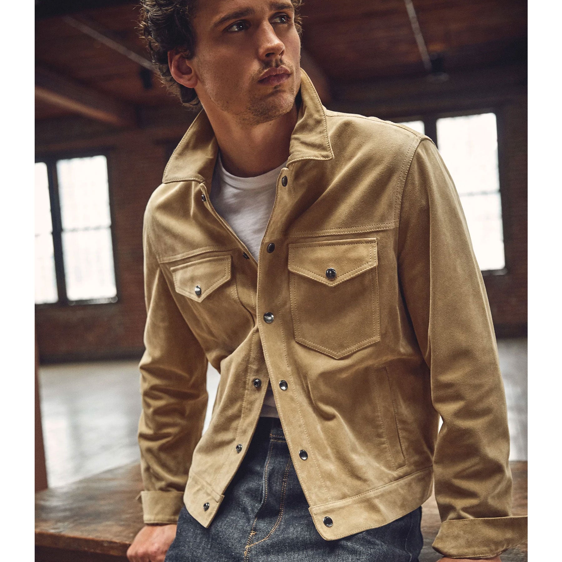 Men’s "Tuscan Sand" Suede Leather Shirt Jacket | Cream & Brown Goat Suede | Jeans-Style Trucker | Full Grain Apparel