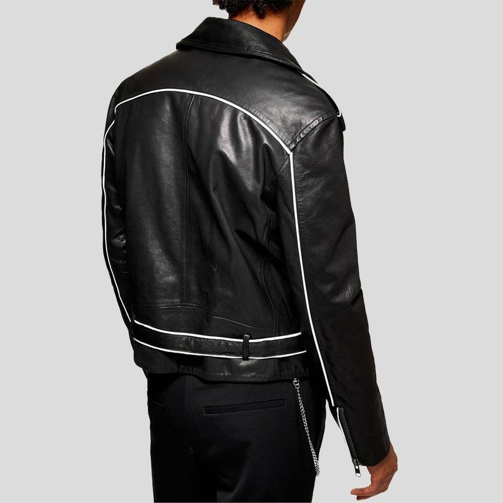 Chaqueta de cuero para motocicleta Colvert en blanco y negro para hombre | Piel de oveja auténtica estilo corredor | Prenda de piel plena flor