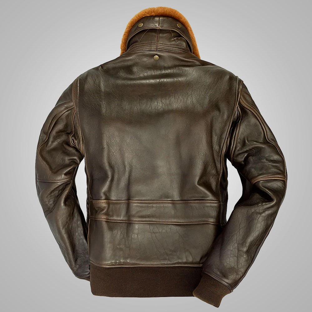 Chaqueta de vuelo "G-1 Wingman" para hombre | Piel de cordero marrón de primera calidad | Cuello de piel de oveja auténtica | Prenda de grano completo