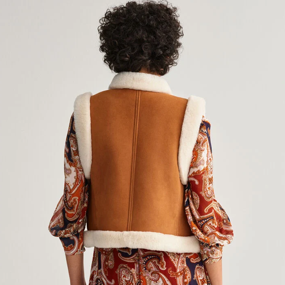 Women’s "Alpine Flight" B3 Vest | Premium Brown Sheepskin | Authentic White Shearling Leather Waistcoat | Full Grain Apparel