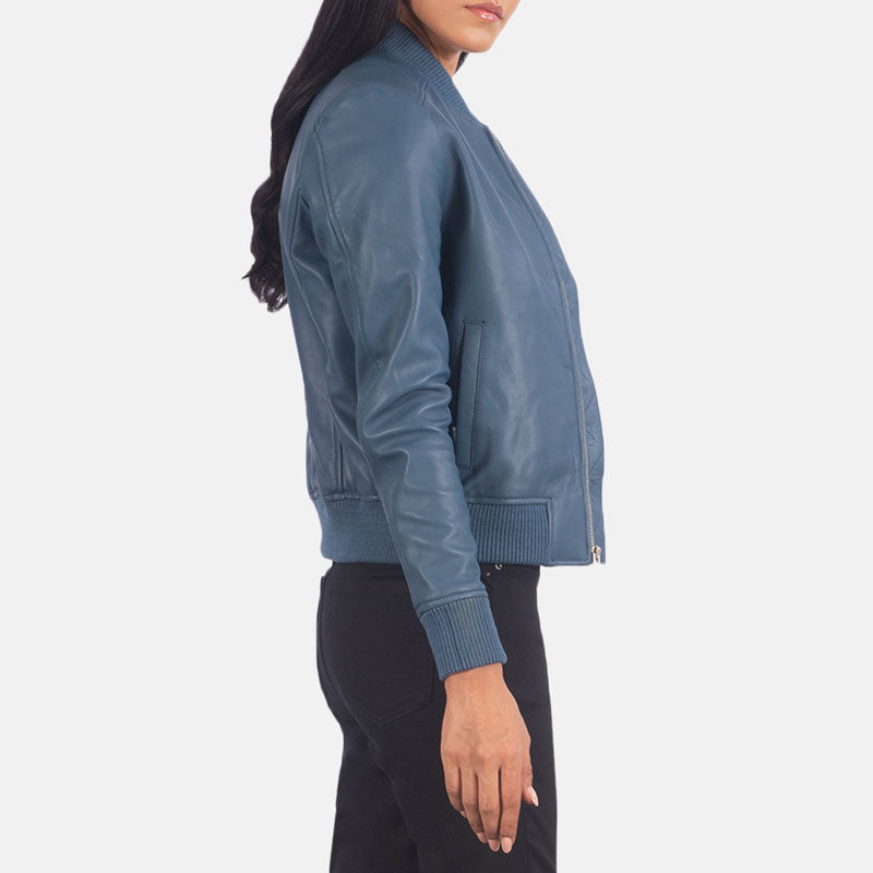 Women’s Bliss Blue Leather Bomber Jacket - The Serene Sky Edition | Full Grain Apparel