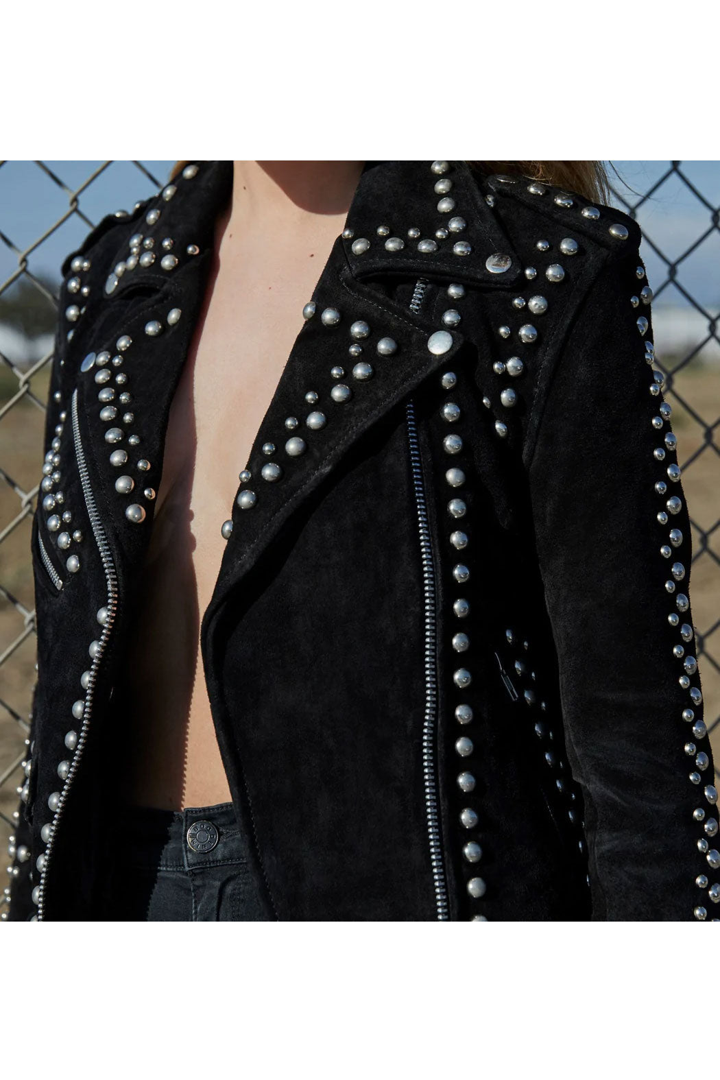 Women’s "Midnight Galaxy" Moto Jacket | Premium Black Suede | Hand-Placed Silver Studded Biker | Full Grain Apparel