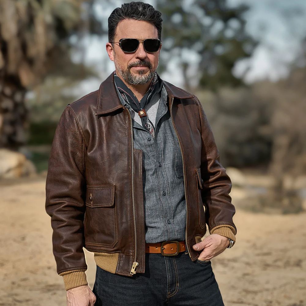 Men’s "Iron-Wing" Aviator-Biker | Heavy-Duty Brown Cowhide | RAF-Spec Flight Biker Jacket | Full Grain Apparel