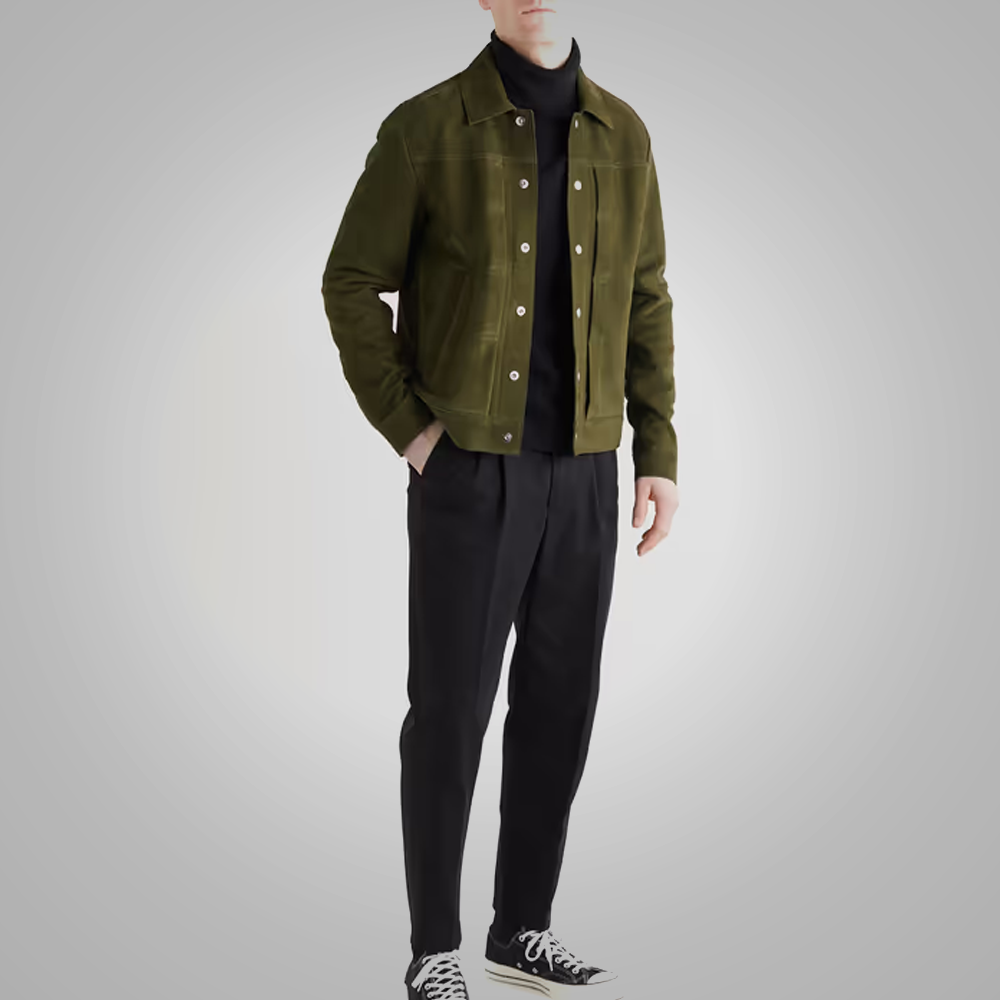Men’s "Evergreen Heritage" Trucker Jacket | Premium Olive Green Lambskin | Genuine Soft Leather Classic Sport Coat | Full Grain Apparel