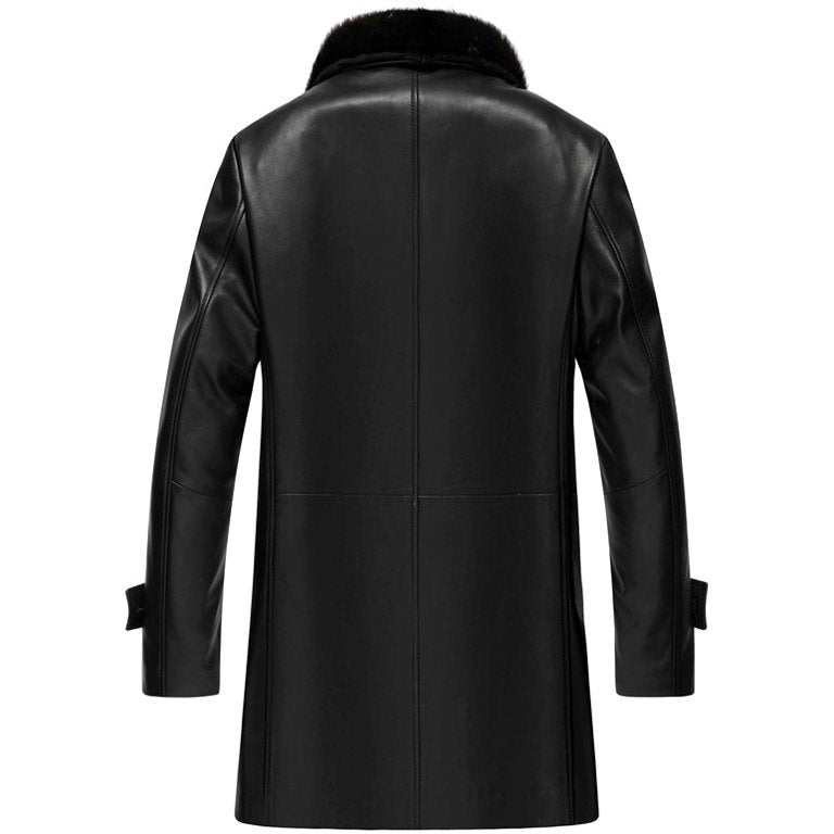 Abrigo de cuero de borreguillo negro para hombre | Abrigo de invierno de 3/4 de largo | Prenda de piel plena flor