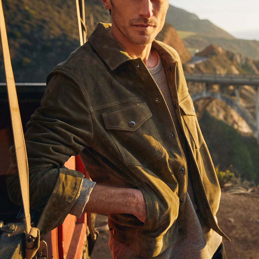 Men’s "Cypress & Cream" Suede Leather Shirt Jacket | Premium Goat Suede | Jeans-Style Trucker Hybrid | Full Grain Apparel