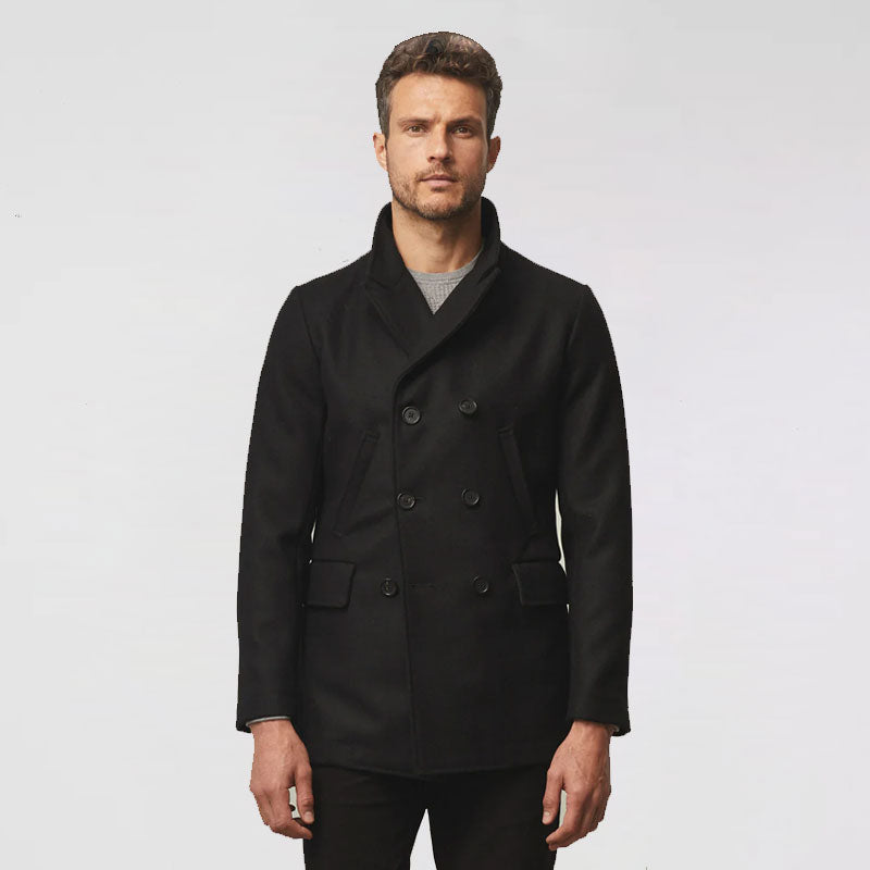 Men’s "Midnight Dual-Tone" Peacoat | Black & Navy Hybrid Fleece | Double-Breasted Thermal Overcoat | Full Grain Apparel
