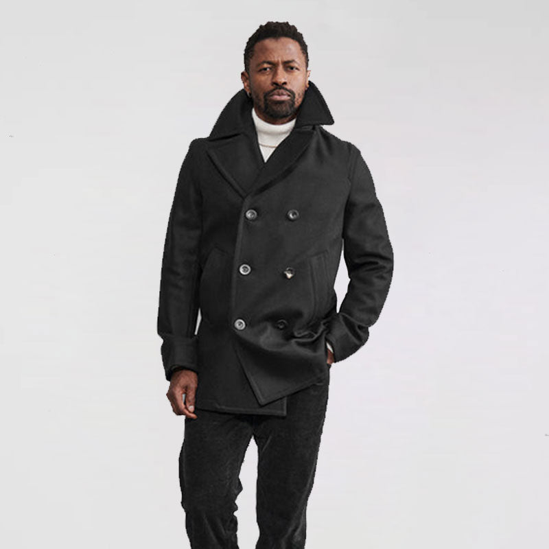 Men’s "Midnight Commander" Peacoat | Premium Black Melton Wool | Double-Breasted Heritage Overcoat | Full Grain Apparel