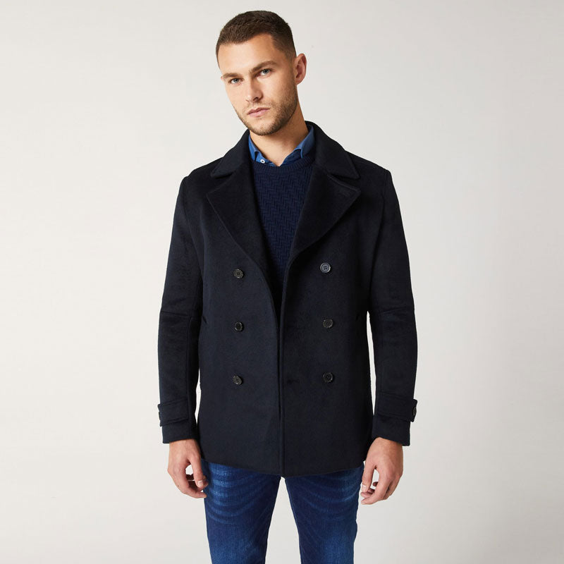 Men’s "Midnight Arctic" Peacoat | Black Heavy-Duty Fleece with Navy Blue Accents | Full Grain Apparel