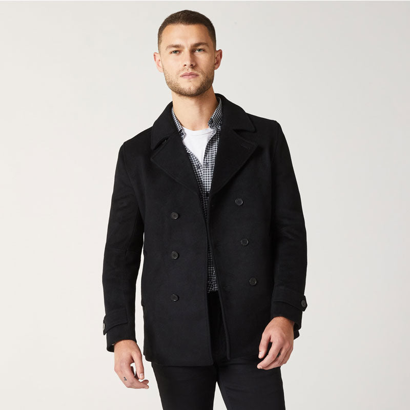 Men’s "Midnight Naval" Hybrid Peacoat | Black Melton Wool & Deep Navy Accents | Full Grain Apparel