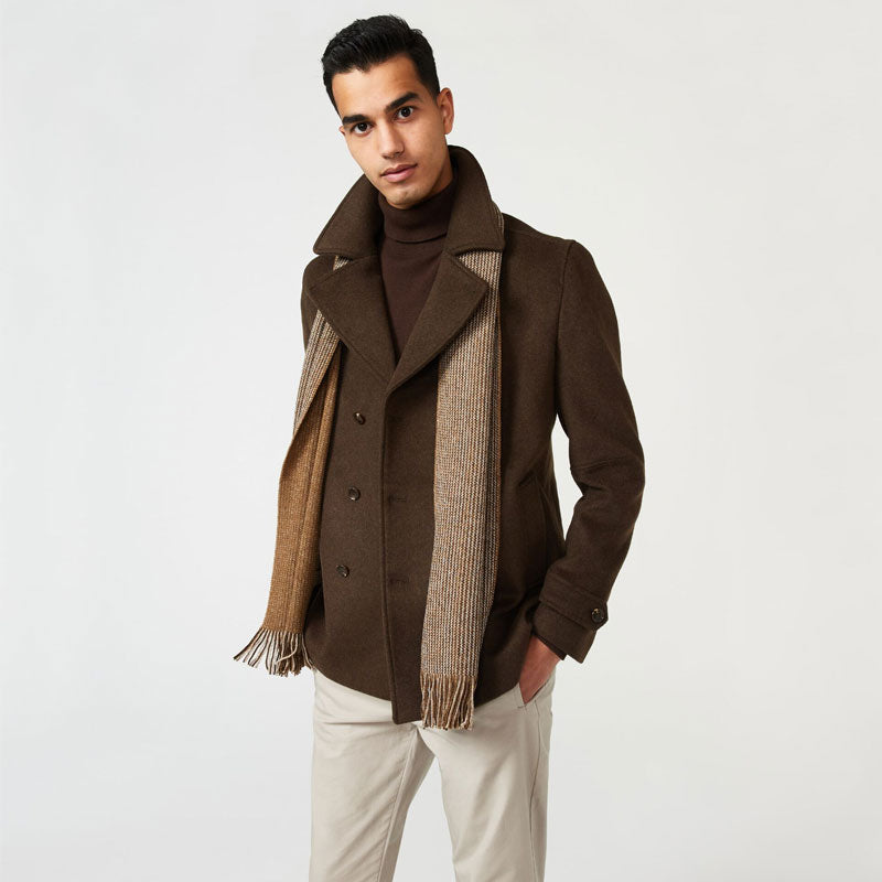 Men’s "Canyon Hearth" Fleece Peacoat | Rich Earth Brown | Double-Breasted Thermal Overcoat | Full Grain Apparel