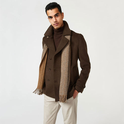 Men’s "Canyon Hearth" Fleece Peacoat | Rich Earth Brown | Double-Breasted Thermal Overcoat | Full Grain Apparel