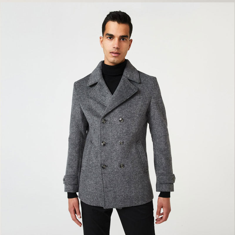 Men’s "Silver Mist" Fleece Peacoat | Heather Grey Marle | Double-Breasted Thermal Overcoat | Full Grain Apparel