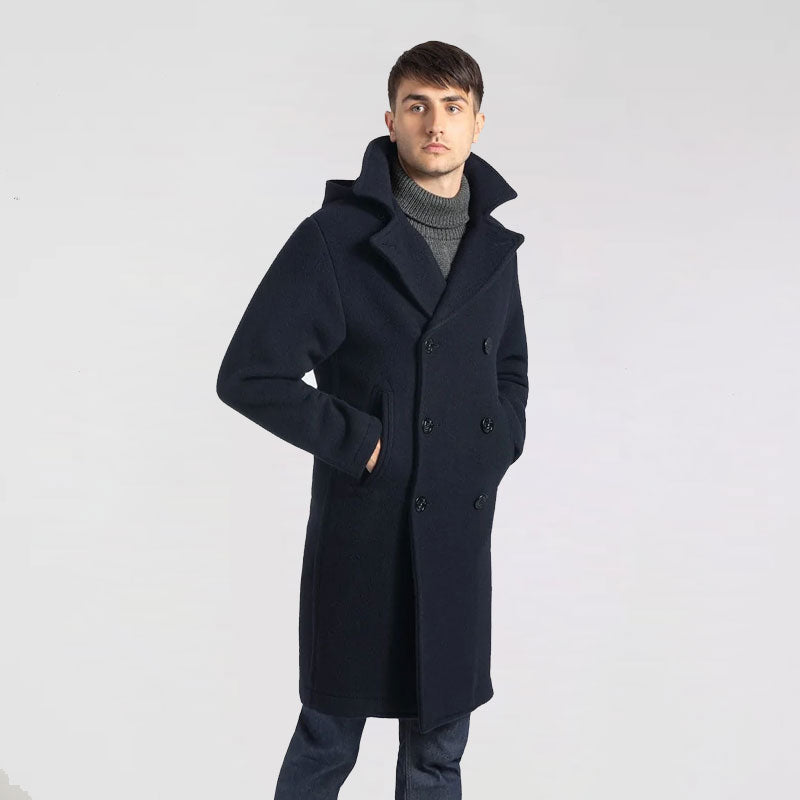 Men’s "Midnight Vanguard" Long Peacoat | Deep Navy Thermal Fleece | Extended Length Double-Breasted Overcoat | Full Grain Apparel