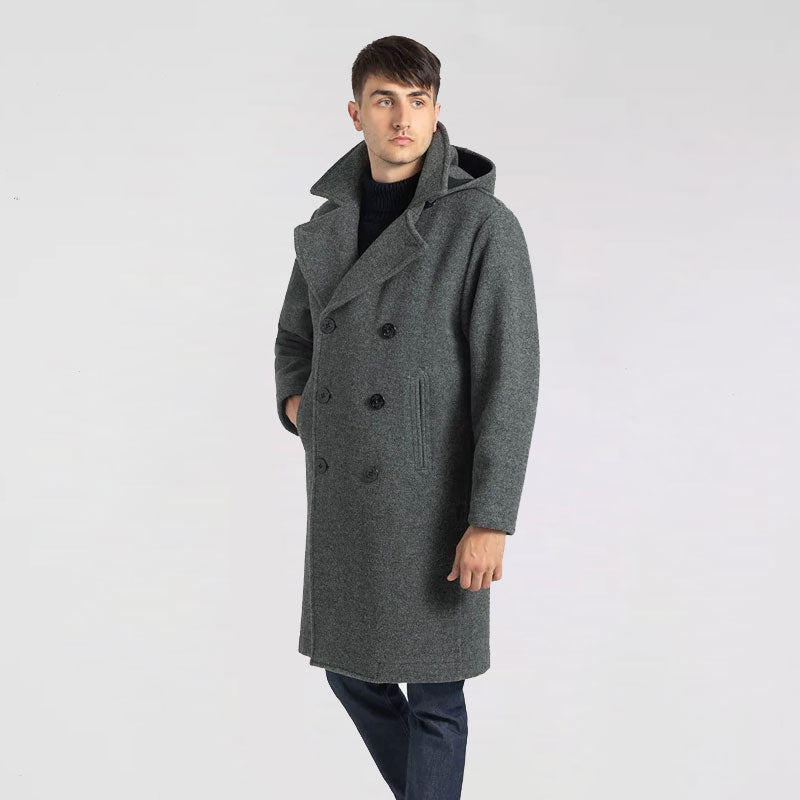 Men’s "Silver Slate" Long Peacoat | Graphite Grey Thermal Fleece | Extended Length Double-Breasted Overcoat | Full Grain Apparel