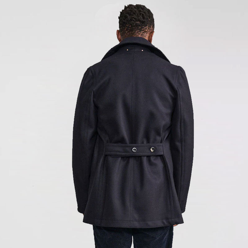 Men’s "Midnight Harbor" Fleece Peacoat | Deep Navy Thermal Fleece | Double-Breasted Heritage Overcoat | Full Grain Apparel