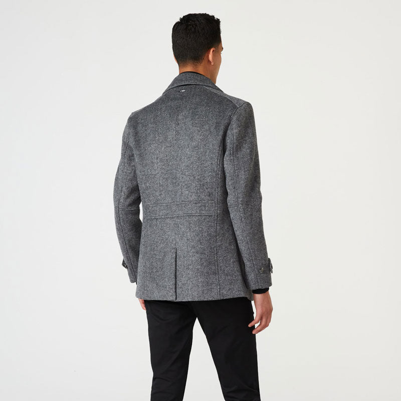 Men’s "Silver Mist" Fleece Peacoat | Heather Grey Marle | Double-Breasted Thermal Overcoat | Full Grain Apparel