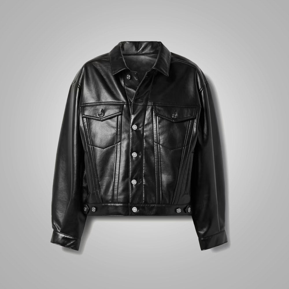 Women’s "Neo-Classic" Leather-Blend Shirt | Sleek Pitch Black Finish | Smooth Minimalist Button-Down | Full Grain Apparel