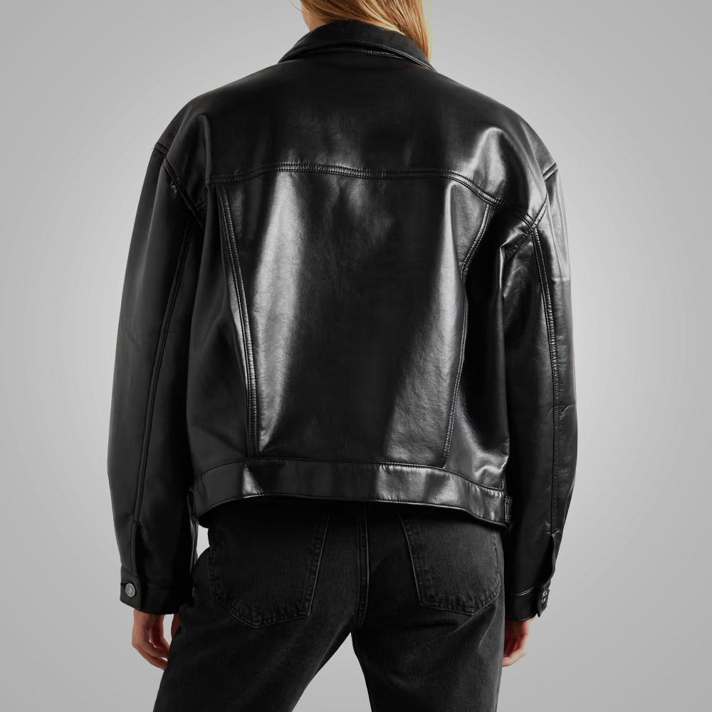 Women’s "Neo-Classic" Leather-Blend Shirt | Sleek Pitch Black Finish | Smooth Minimalist Button-Down | Full Grain Apparel