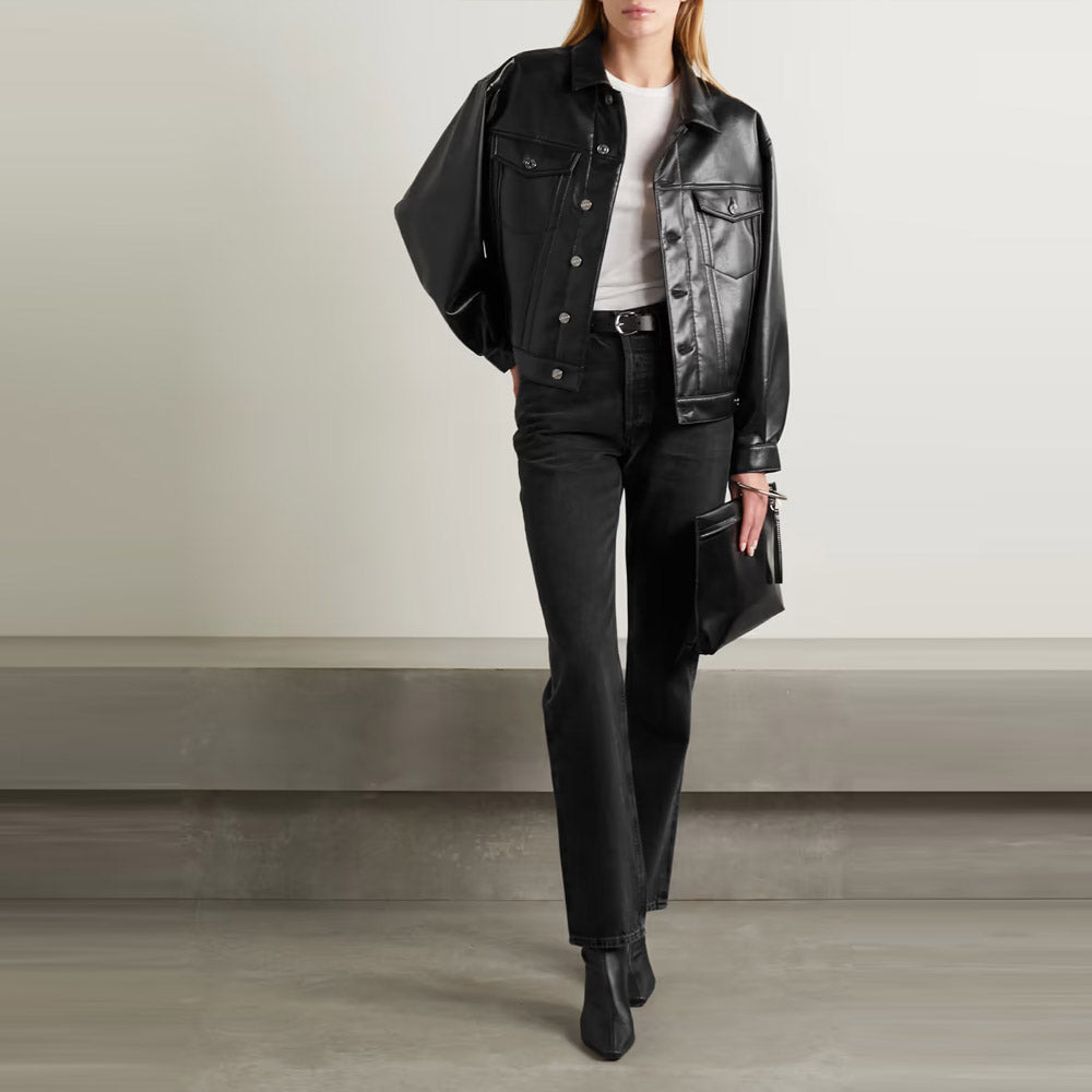 Women’s "Neo-Classic" Leather-Blend Shirt | Sleek Pitch Black Finish | Smooth Minimalist Button-Down | Full Grain Apparel
