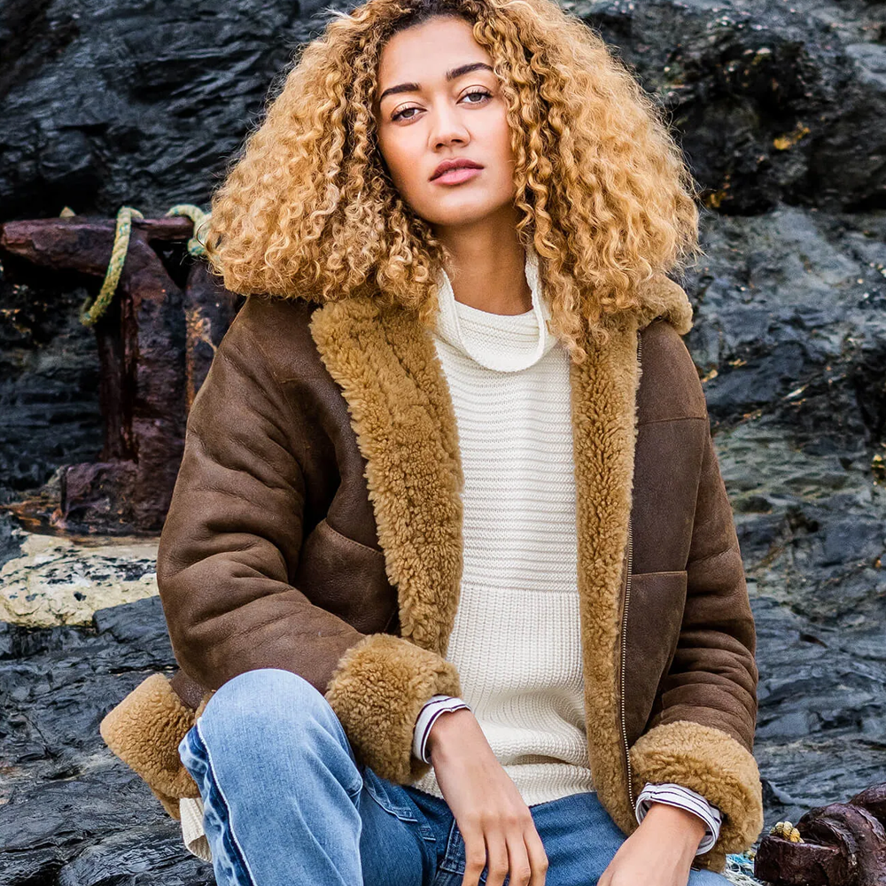 Women’s "Heritage Sky" B3 | Premium Chocolate Brown Leather | Genuine Sheepskin Shearling Flight Jacket | Full Grain Apparel