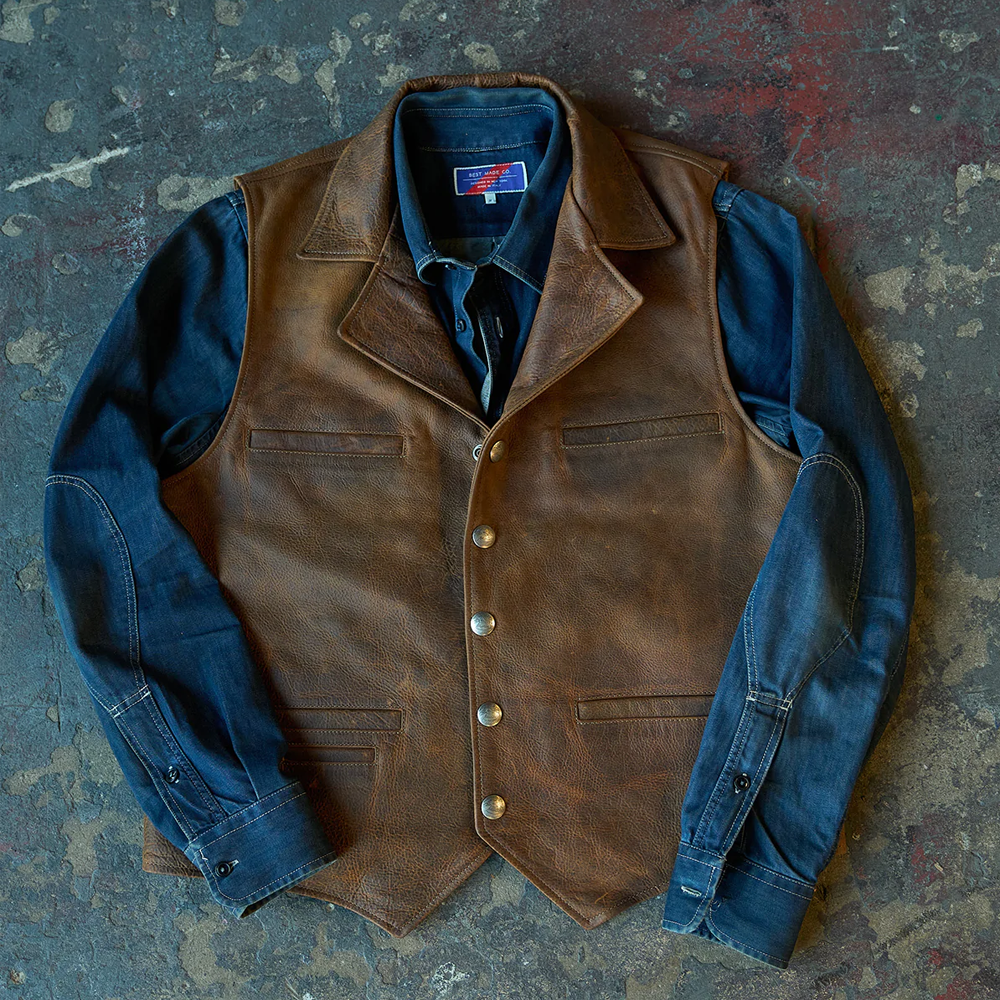 Men’s "High Sierra" Sheepskin Vest | Premium Brown Grain Leather | Authentic Western Cowboy Waistcoat | Full Grain Apparel