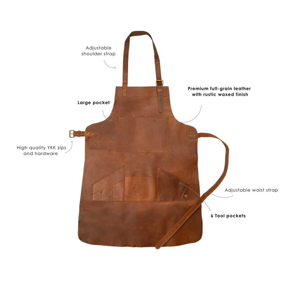 Delantal multi-bolsillo "Canyon-Pro" para hombre | Piel de cordero artesanal marrón | Delantal de cuero utilitario profesional premium | Prenda de grano completo