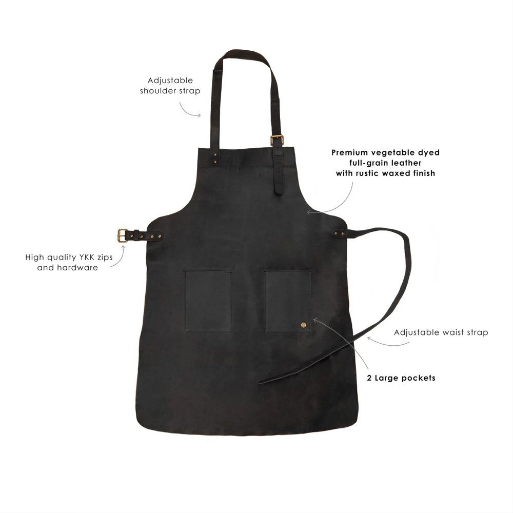 Men’s "Shadow-Artisan" Duo-Pocket Apron | Black Handmade Sheepskin | Professional Lightweight Leather Utility Apron | Full Grain Apparel